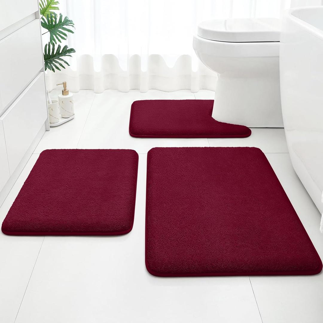 HOMEIDEAS Upgraded Bathroom Rugs Set 3 Piece, Extra Thick Absorbent Soft Memory Foam, Washable Toilet Bath Mat (Burgundy Red,17"x24"+20"x32"+U Shape 20"x24")
