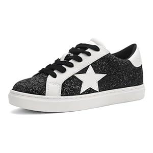 PARTY Womens Dressy Fashion Star Sneakers Lace-Up Low Top Comfortable Cushioned Walking Shoes (6.5 W, Black Glitter-1)