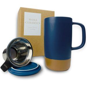 Mora Ceramics Large Tea Mug with Loose Leaf Infuser and Ceramic Lid, 18 oz, Portable, Microwave and Dishwasher Safe, Tall Coffee Cup - Rustic Matte Ceramic Glaze, Modern Herbal Tea Strainer, Deep Blue