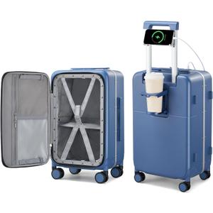 Hanke 20 Inch Carry On Luggage with Cup Holder and Charge,Top Opening Hard Shell Suitcases with Wheels and Dividers,Aluminum Frame Trunk Luggage Small Suitcase with Lock for Travel,Interstellar Blue