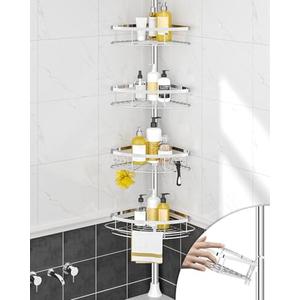 Rustproof Shower Corner Caddy Organizer for Bathroom, 4 Adjustable Shelves with Tension Pole, for Bathtub Shampoo Accessories Storage Holder, 34 to 116 Inch Height