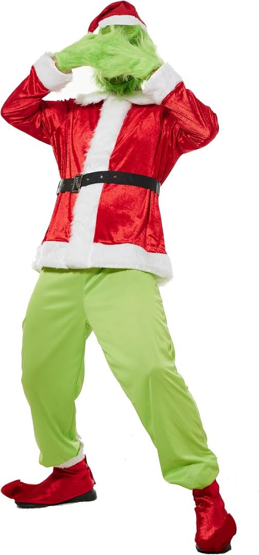 FantastCostumes Adults Green Big Monster Costume Christmas Full Deluxe Furry Santa Suit Green Outfit (X-Large)