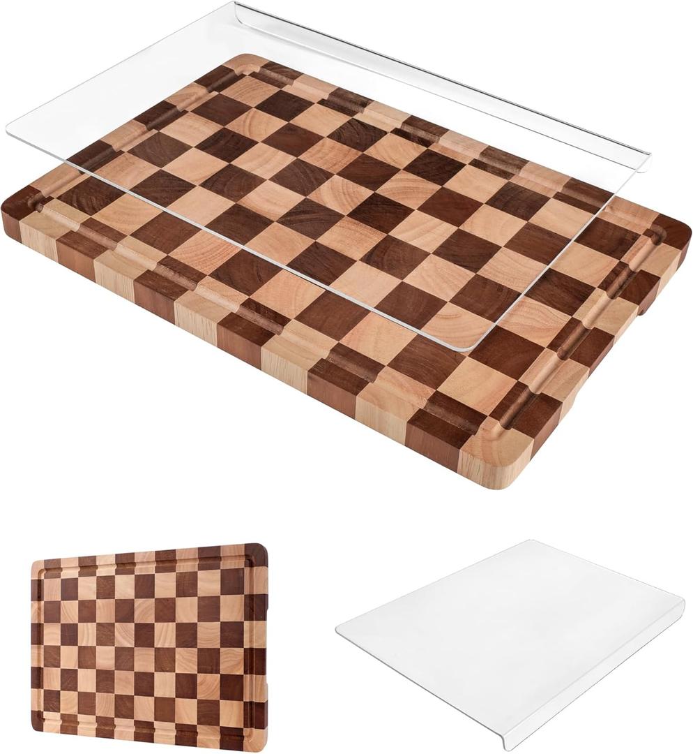 Cutting Board Set of 2  Checkered Wood & Acrylic Cutting Board with Counter Lip for Kitchen Counter, Wood Checkerboard Chopping Board with Juice Grooves for Vegetables, Fruits, Meat