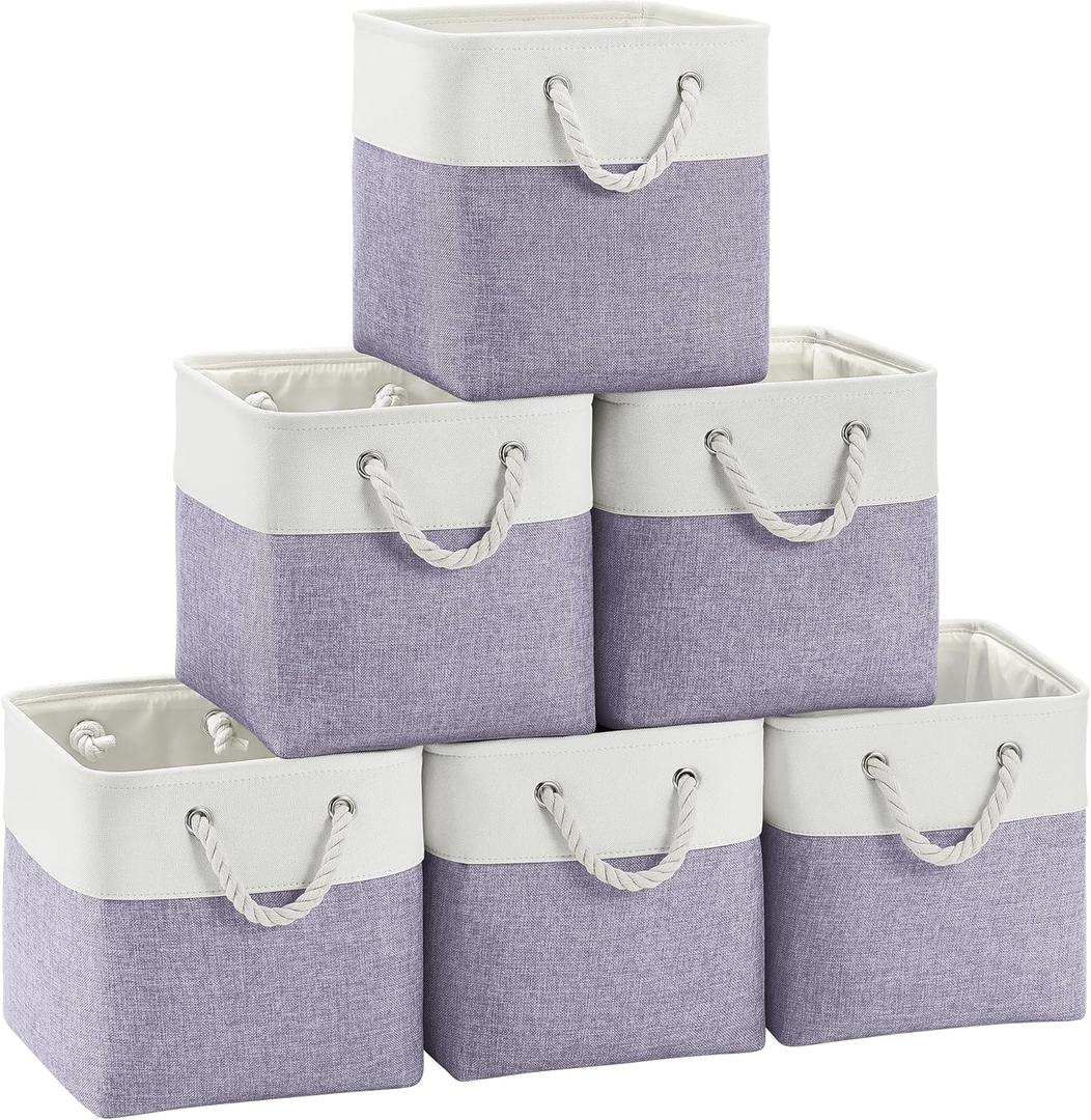 Large 11x11 Inch Cube Storage Bins with Cotton Handles for Closet, Shelves, Clothes, Towel (White/Purple-6 Pack)