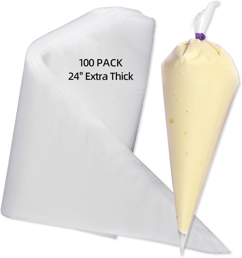 24 Inch Disposable Large Piping Bags,100 PACK Extra Large Thick Pastry Bags with 6 Bag Ties, Thickened Icing Bags,Cake Decorating Bags,Frosting Bags for Cake Decorating Cream Frosting