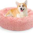 NOYAL Calming Donut Dog Bed for Small to Medium Dogs & Cats - Plush Faux Fur Anti-Anxiety Pet Bed with Machine Washable Cover & Non-Slip Base (Small 19.6'', Pink)