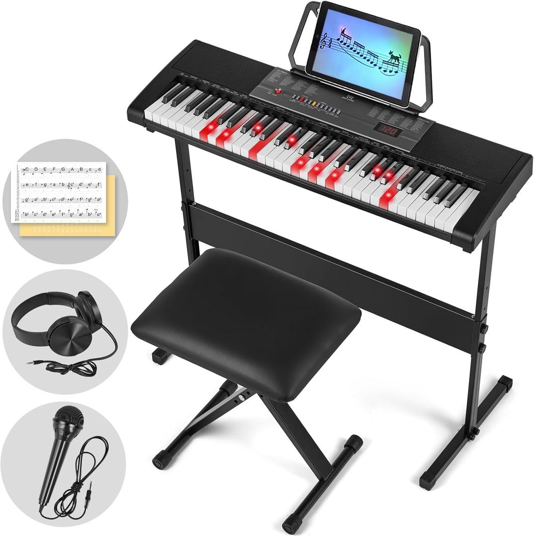 MUSTAR 61 Key Piano Keyboard, Electric Piano Keyboard with Lighted Up Keys, Learning Keyboards Piano for Beginners, Piano Stand, LCD Screen, Headphones, Microphone (Black with Stool)