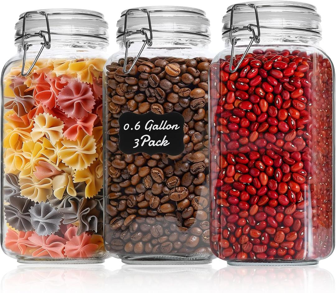 ComSaf Large Square Glass Jars with Airtight Lids 78 oz 3 Pack Wide Mouth
