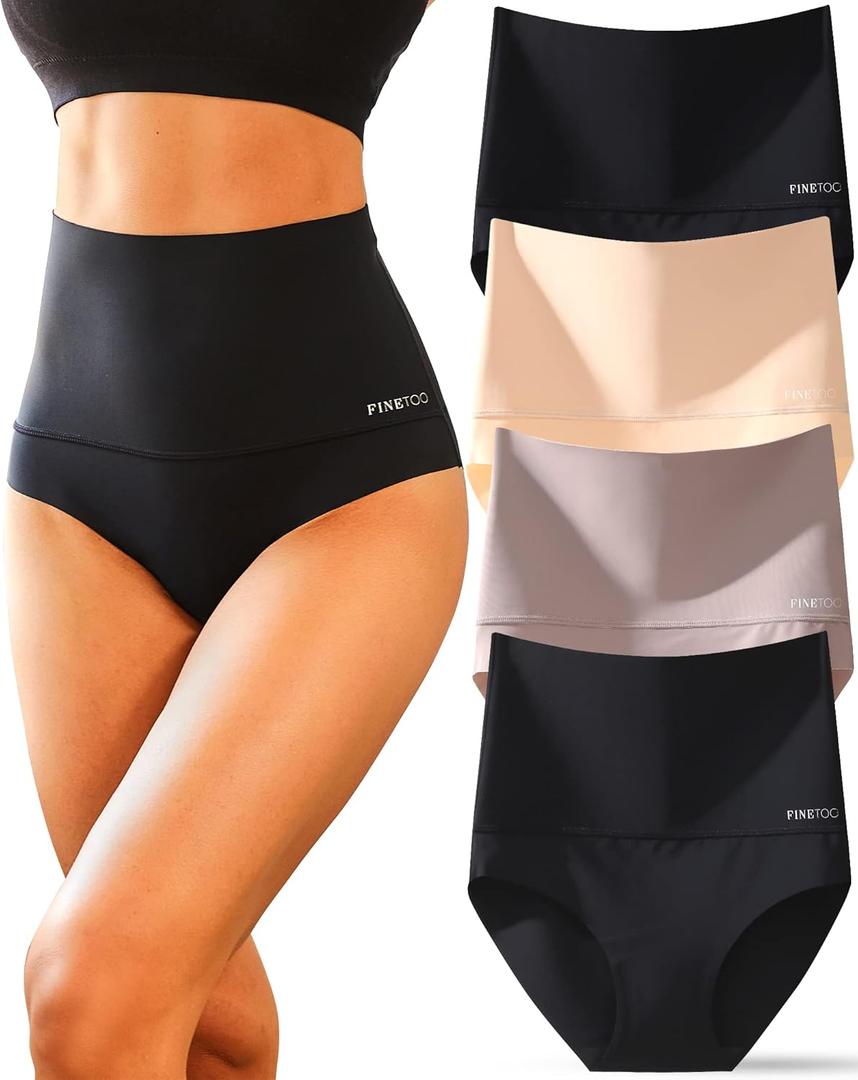 FINETOO Tummy Control Underwear for Women High Waisted Nylon Brief No Show Womens Bikini Seamless Panties 4pack S-XXXL (X-Large, Black+Black+Nude+Khaki)