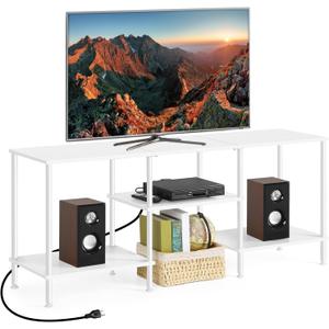 BTY White TV Stand with Storage, Wood Entertainment Center with Power Outlet, 3 Tier Small TV Table with Open Shleves for Living Room, Bedroom, Small Space, up to 50 inch TV