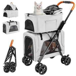 Double Pet Stroller with Detachable Carrier for Medium Small Dogs and Cats, Lightweight Dog Stroller Travel Carriage with No-Zip Canopy Storage Basket One-Click Folding and One-Foot Brake (Gray)