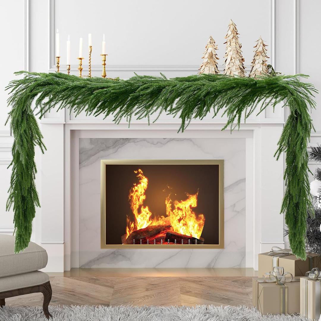 9FT Christmas Garlands Artificial Norfolk Pine Garlands Real Touch Winter Pine Garland for Table, Mantle, Wall, Indoor, Outdoor Christmas Decorations