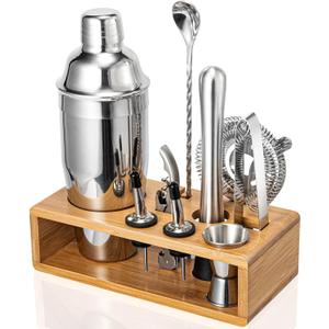 Cocktail Shaker Set, 18/8 Food-Grade Stainless Steel Mixology Bartender Kit 10-Piece Bar Tools with Stylish Bamboo Stand - Rust-Proof & Dishwasher Safe - Professional Martini Shaker Gift for Men, Dad