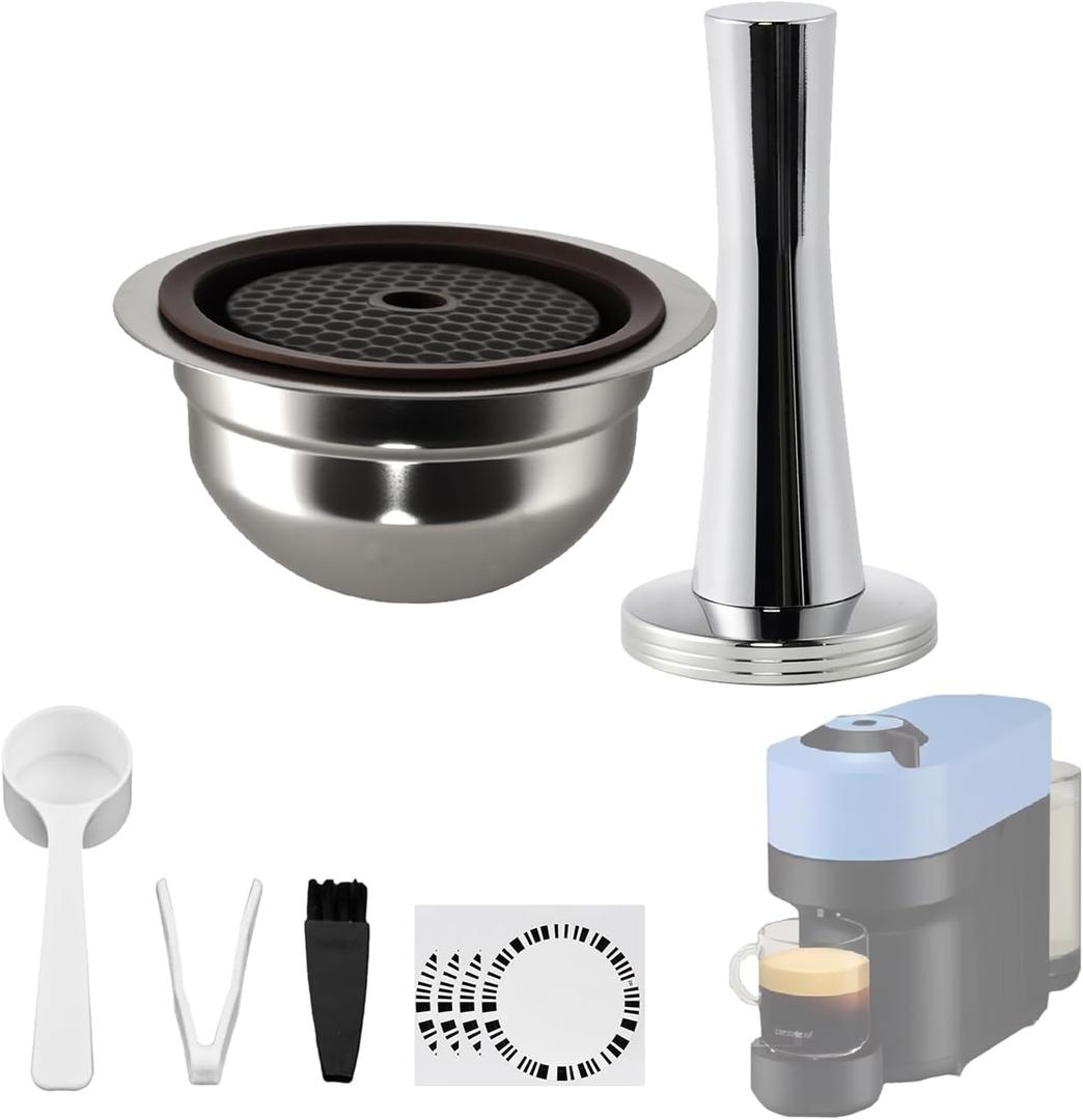 Stainless Steel Reusable Coffee Pods for Nespr*sso V-rtuo - Refillable Capsules Compatible with V-rtuoline PLUS GCA1 and NEXT POP ENV135 Series With 1 Silicone Lid and Tamper (80ML+Tamper)