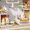 PXRACK Under Sink Organizer, Adjustable Height, 2 Tier Pull Out Under Cabinet Organizer, Slide Out Thickened Metal Under Sink Storage for Kitchen Bathroom Laundry Pantry Cabinet, White, Large, 1Pack
