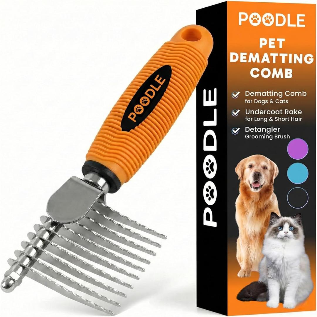 Poodle Dematting Fur Rake Comb Brush for Dogs and Cats - Long 2.5" Steel Safety Blades Metal Comb for Detangling Matted or Knotted Undercoat Hair (Orange)