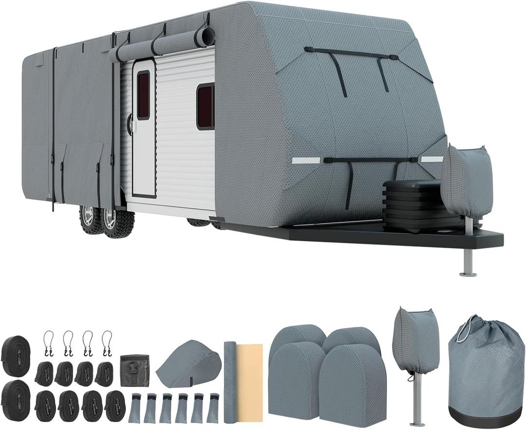 Mofeez Travel Trailer RV Cover, Extra-Thick Upgraded 7 Layers for Camper Cover 18'-20' Windproof Waterproof Rip-Stop Camper Cover with Adhesive Repair Patches, 2Pcs Extra Straps & 4 Tire Covers, Grey