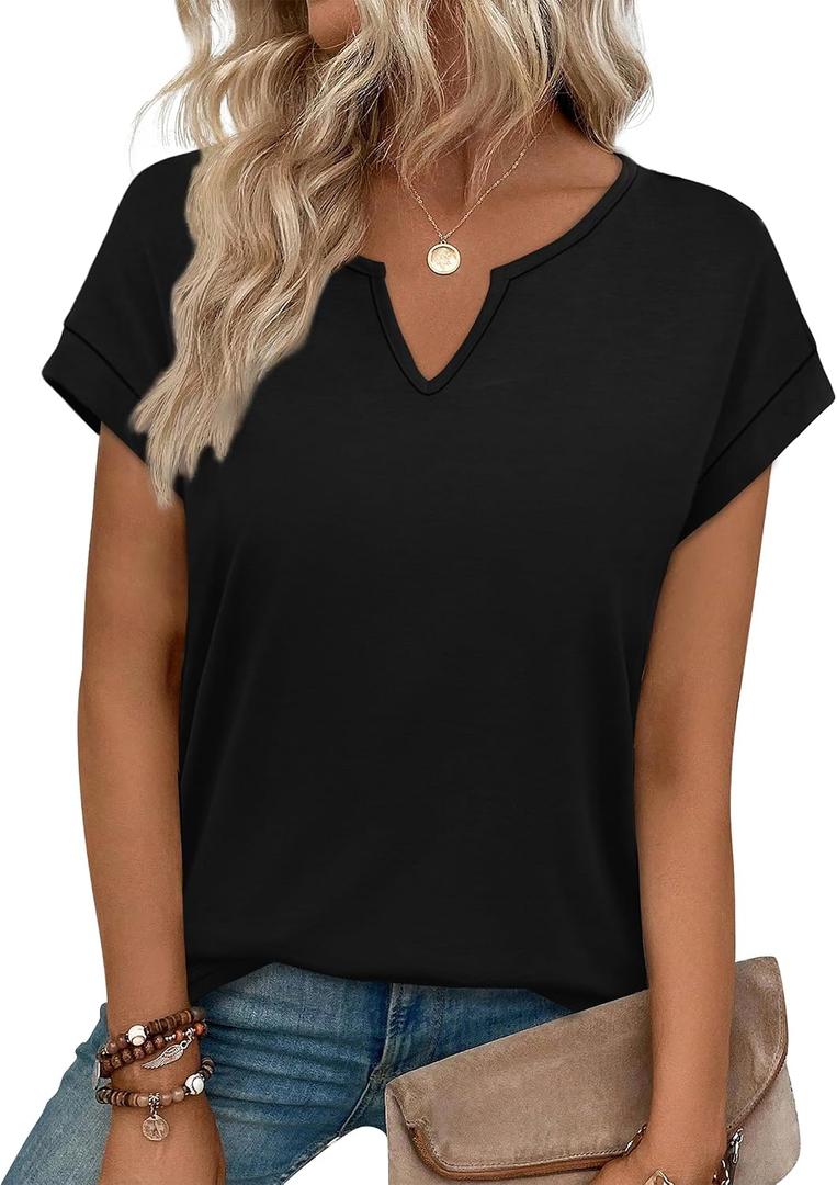 WIHOLL Womens Summer Tops 2026 Cap Short Sleeve Shirts V Neck Tshirts Spring Blouses Beach Vacation Clothes (Black, M)