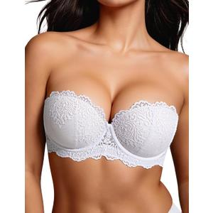 Push Up Strapless Bra with Clear Straps Heavily Padded Add 2 Cup Multiway Sexy Lace Balconette,32B