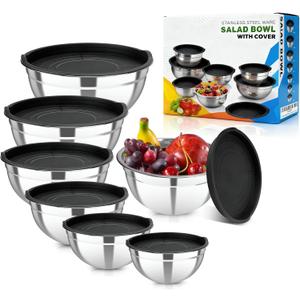 YJSLICT Stainless Steel Mixing Bowls with Lids Set, 7 Pcs Nesting Design Metal Mixing Bowls Salad Bowl for Mixing, Prepping and Serving Food (Size4.5-0.7QT)