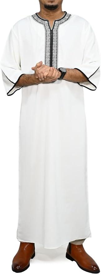 Men's Casual Long Kaftan Robe With Elbow Sleeves And Embroidered Neckline Lightweight, Large, Black and White