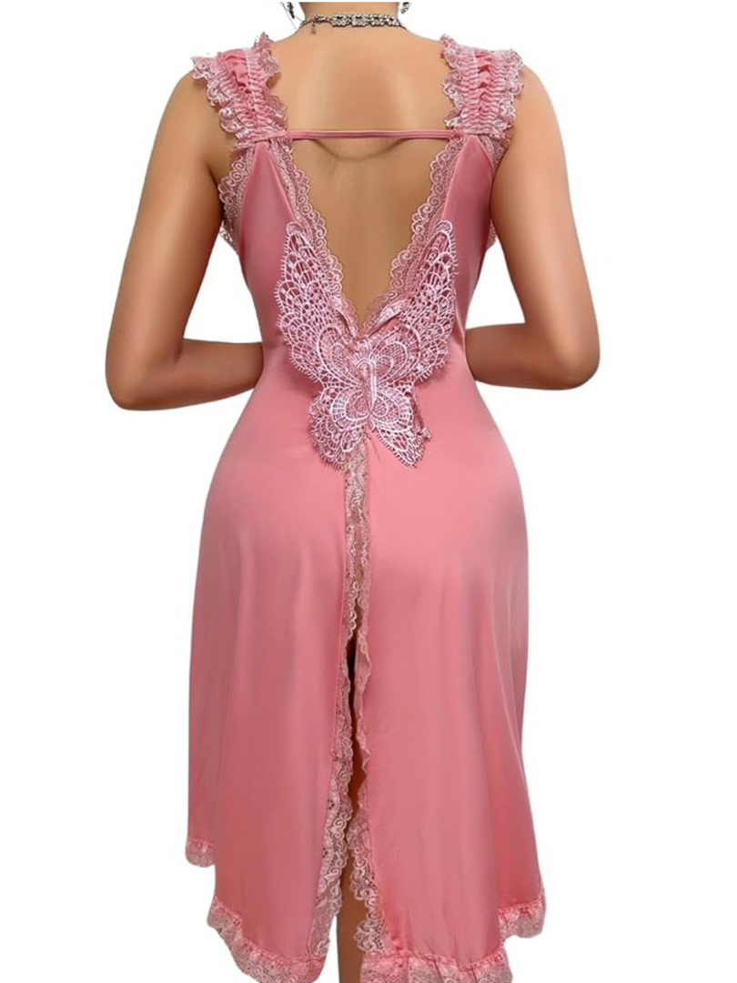 EHSUTAB Women Sexy Chemise Nightgowns, Back Slit Backless Butterfly Sleeveless Lingerie Sleepwear, Full Slip Lace Trim Dress Small