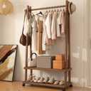Solid Wood Clothing Rack Freestanding with Wheels, 3-in-1 Coat Rack with 2 Shelves & Hooks Load 500 Lbs, Heavy Duty Garment Rack for Hanging Clothes & Organizer for Entryway Bedroom Living Room 31.5"W