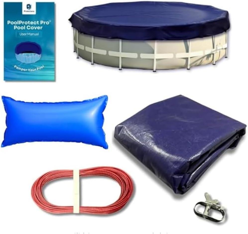 Pool Cover Bundle 24ft Round Cover + Pillow | 10% Thicker | Complete Above Ground Closing Kit | PoolProtect Pro Premium Cold- and UV-Resistant | Protectera (Blue, 24ft + 4x8 Pillow)