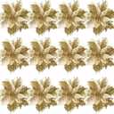NUOBESTY 12 Golden Christmas Glitter Poinsettia Flowers Artificial Flowers for Christmas Tree Decor with Stems & Clips
