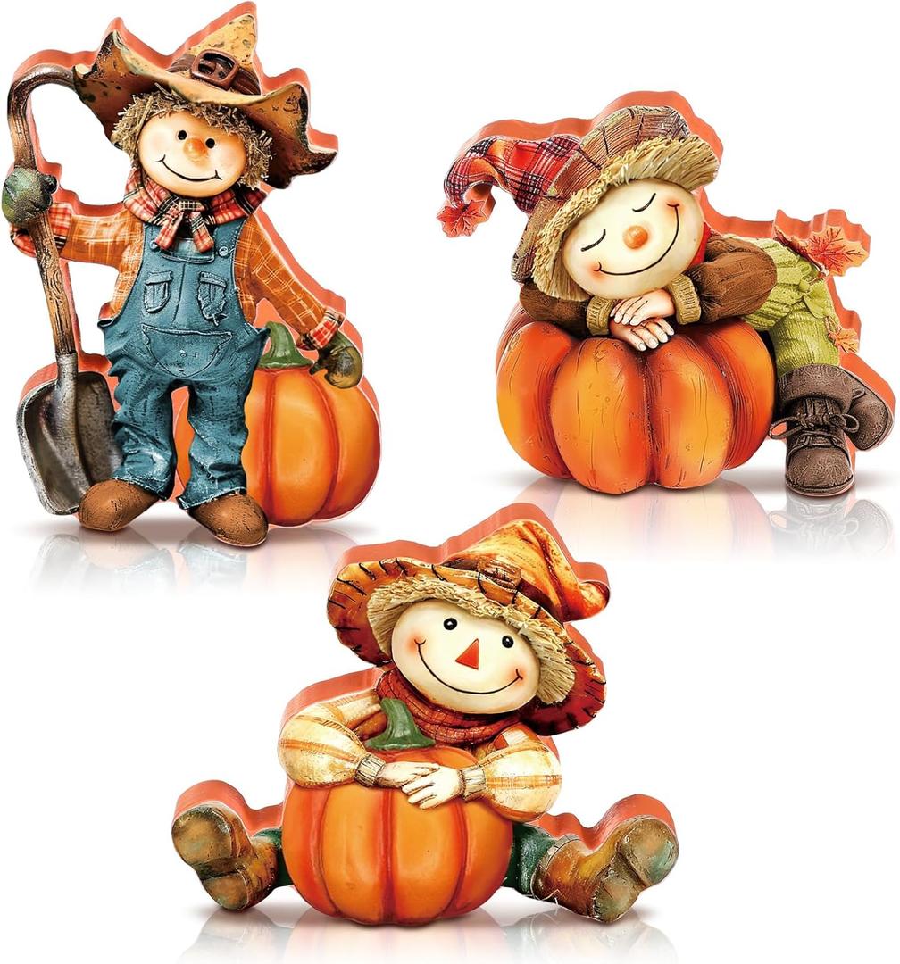 3 Pcs Fall Figurines Home Decor Harvest Scarecrow with Pumpkins Wood Figurines Thanksgiving Wooden Scarecrow Decorations for Fall Thanksgiving Home Office Party Table Decoration Gifts