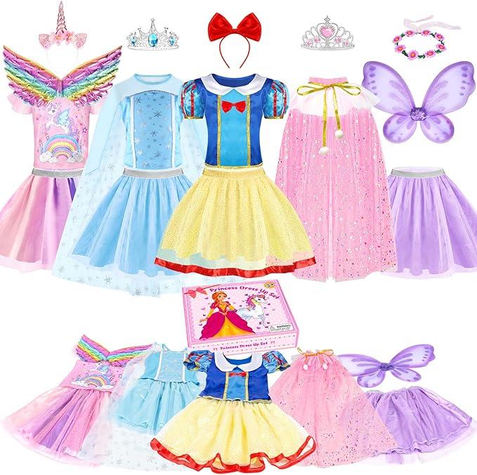 EULRGAUS Princess Dress Up, Toddler Dress Up with Princess Costumes and Toys, Butterfly & Unicorn Dress with Fairy Wings, Pretend Play for Toddlers 36, Halloween Christmas Birthday Gift for Kids