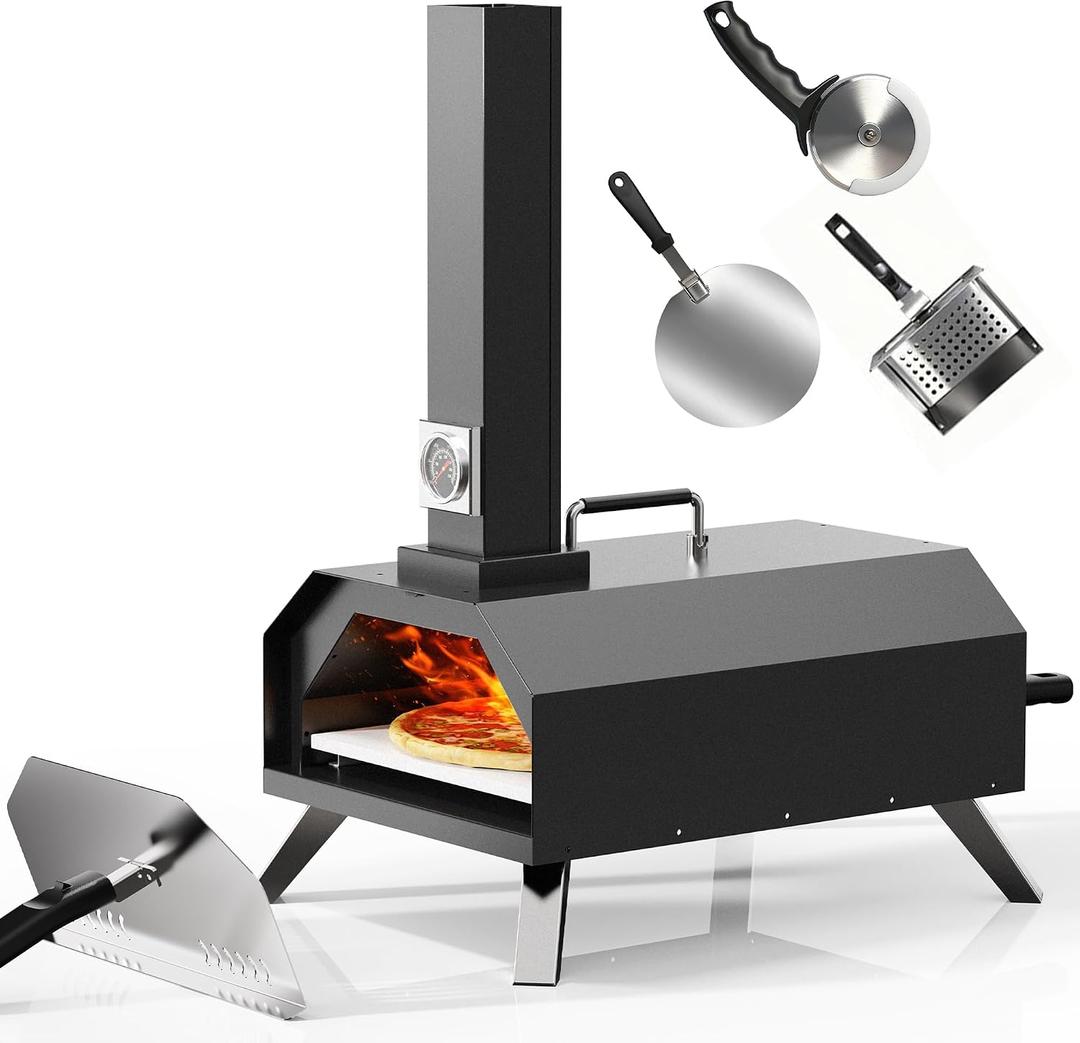 Pizza Oven Outdoor With a Thermometer, Portable Pellet Pizza Stove Wood Fired Stainless Steel Pizza Maker for Backyard or Outside Camping, Pizza Stone(11.25inch*11.25inch)