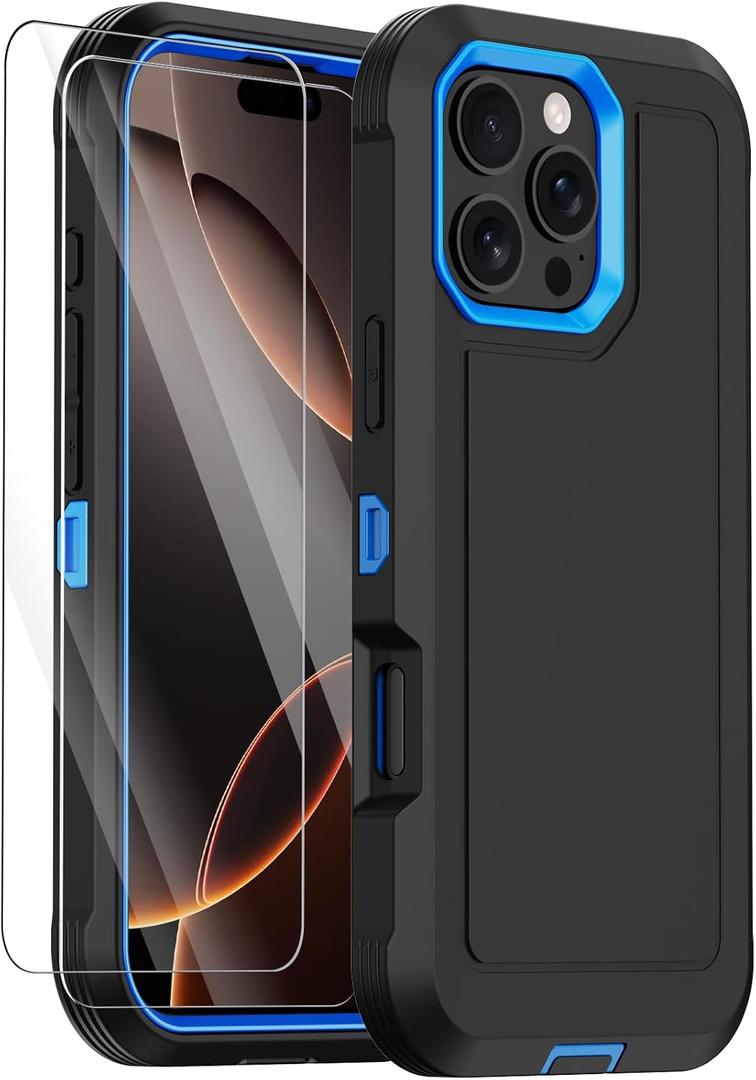 Annymall for iPhone 16 Case with 2 Screen Protector,Shockproof Drop Protection Dust Proof Heavy Duty Military Grade Multi-Layer Rugged Protective Phone Cover for Apple iPhone 16 (Black/Blue)
