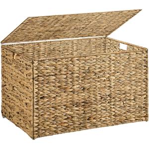 Water Hyacinth Storage Basket with Lid, 27.7 Gallon (105L) Blanket Storage Basket with Handles, Woven Storage Bin, Foldable, Metal Frame, for Bedroom, Laundry Room, Natural (105 L:15.7 x 26 x 15.7 Inches)