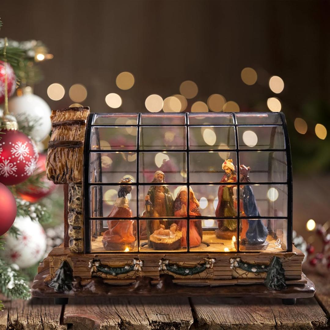 WONDER GARDEN Nativity Scene Christmas Village House Collectible Buildings - Nativity Set LED Lighted Christmas House with Christmas Music Christmas Decorations or Gift (Brown)