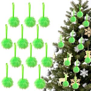 12Pcs Green Furry Christmas Ball Ornaments Green Christmas Tree Hanging Decorations Faux Fur Pom Pom Ball for Xmas Tree Wreath Decor Home Party Supplies