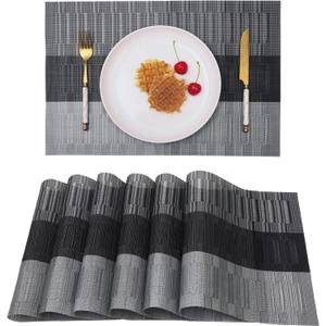 Vinjiasin Placemats Set of 6 Grey and Black Gradient Stripes Place Mats for Indoor Outdoor Kitchen Table Mats Vinyl Woven Washable Sturdy Heat Resistant Easy to Clean