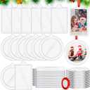 Vercraft 48 Pcs DIY Christmas Picture Frame Ornaments with Red Ribbon, Acrylic Xmas Tree Photo Frame Bulk, Hanging Photo Christmas Ornaments, Plastic Ornament Tree Decor (Round,Square)