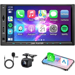 7 Inch Double Din Car Stereo with Wireless Apple Carplay & Android Auto Navi Radio Head Unit with Touch Screen Bluetooth AM/FM Receiver/Mirror Link/Backup Camera/TF/AUX/USB Input