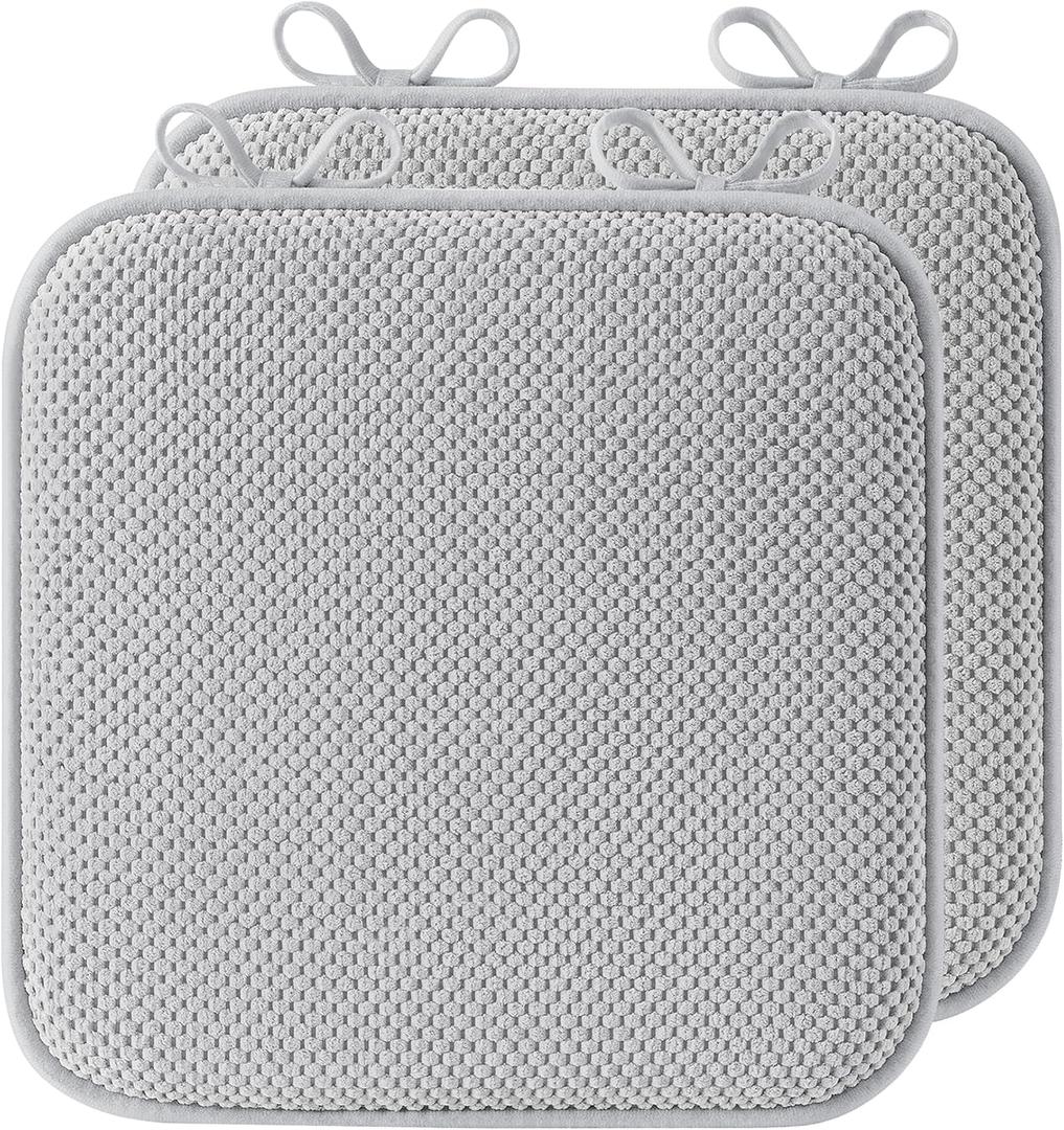 puredown Chair Cushions for Dining Chairs, Set of 2 Memory Foam Seat Cushions with Non-Slip Backing & Ties, 16" x 16" x 1.5", Comfortable & Supportive Dining Chair Pads for Kitchen, Light Grey