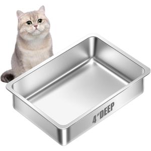 Amibud Low Entry Stainless Steel Litter Box for Kitten,Small Shallow Metal Litter Pan Tray for Rabbits Hamsters, Easy to Clean Cat Toilet Supplies-17.72''Lx 13.78'' W x4'' H