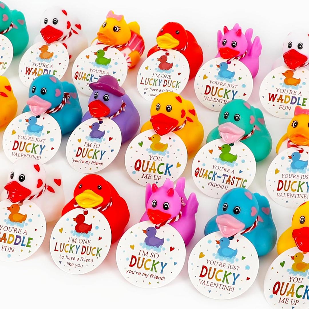 DAZONGE 24Packs Lucky Duck Valentines Cards for Kids, Multi-colored Valentine's Day Gift Tags with Rubber Ducks, Valentines Day Cards for Kids School Exchange Activity
