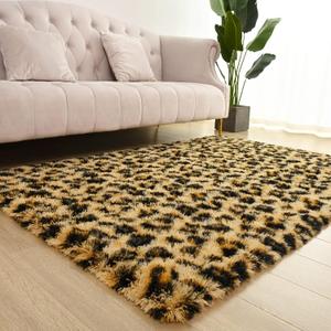 BENRON Fluffy Leopard Rugs, Black and Yellow, 4x6 Soft Rugs for Bedroom Living Room, Wild Cheetah Print Carpets Room Decor for Girls Women, Washable
