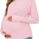 Yousify Womens Maternity Shirts Long Sleeve Round Neck Tops Pregnancy Clothes Loose Fit Casual Blouses with Thumb Holes (Pink, XL)