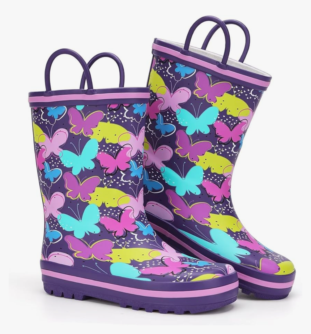 Toddler Rain Boots Kids Waterproof Rubber Boots for Boys and Girls with Handles in Fun Pattern Size 22
