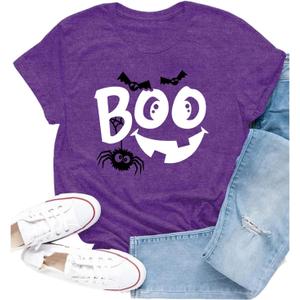 Women Halloween Shirts Spooky Boo Pumpkin Face T-Shirt Trick or Treat Party Short Sleeve (Purple, L)