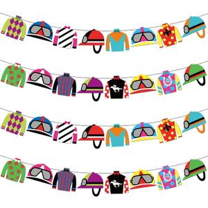 HunnmingRe 4 Pieces Derby Party Decorations Derby Day Party Banners Jockey Silk Banner Horse Racing Garland Streamers Decorations for Run for The Horse Themed Birthday Supplies