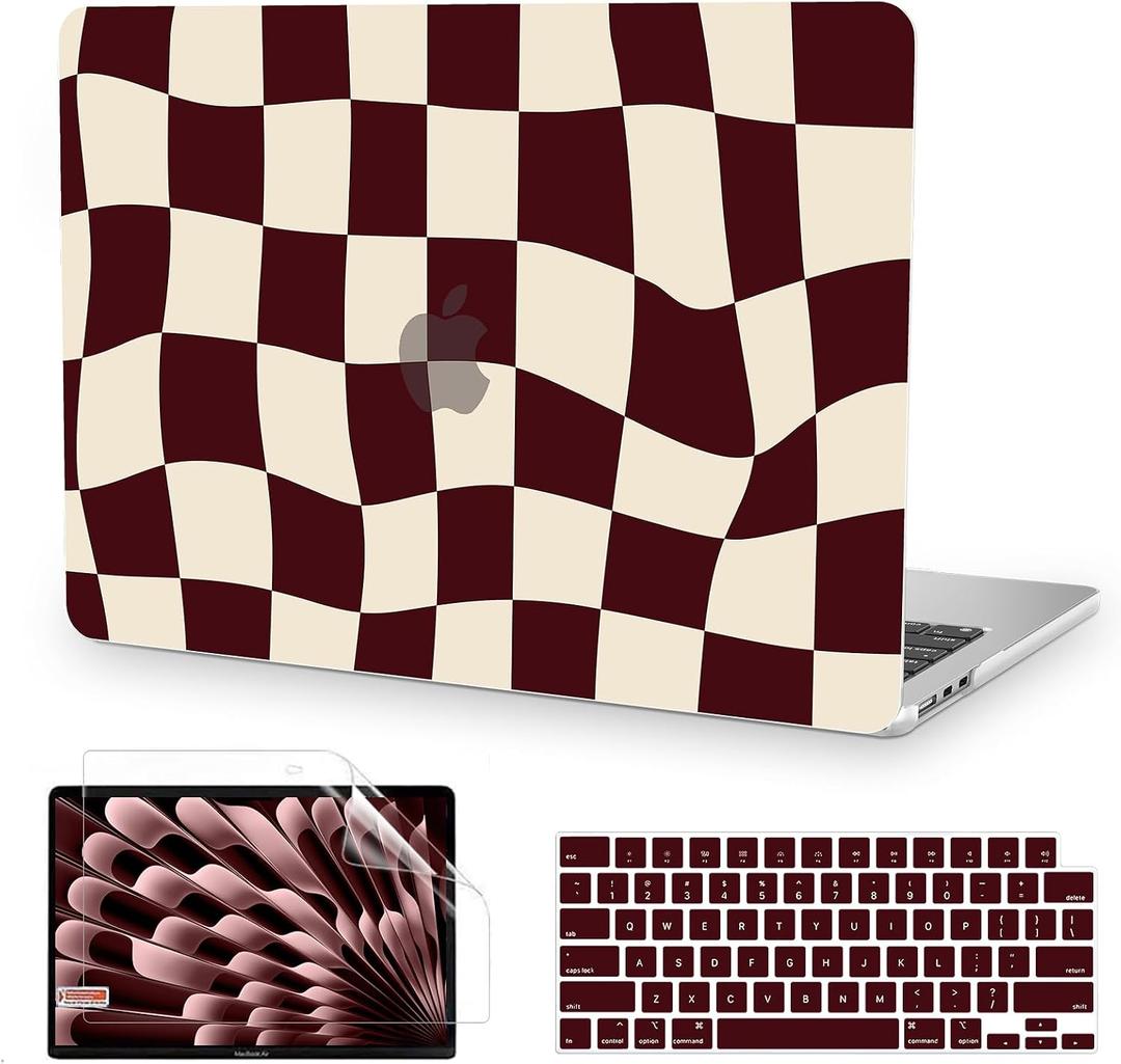 Anban Compatible with MacBook Air 13 inch Case M5 2025 2024-2022 M4 M3 M2 A3240 A3113 A2681, Plastic Hard Shell+Keyboard Cover+Screen Protector for MacBook Air 13.6 inch Case, Marsala Red Checkered