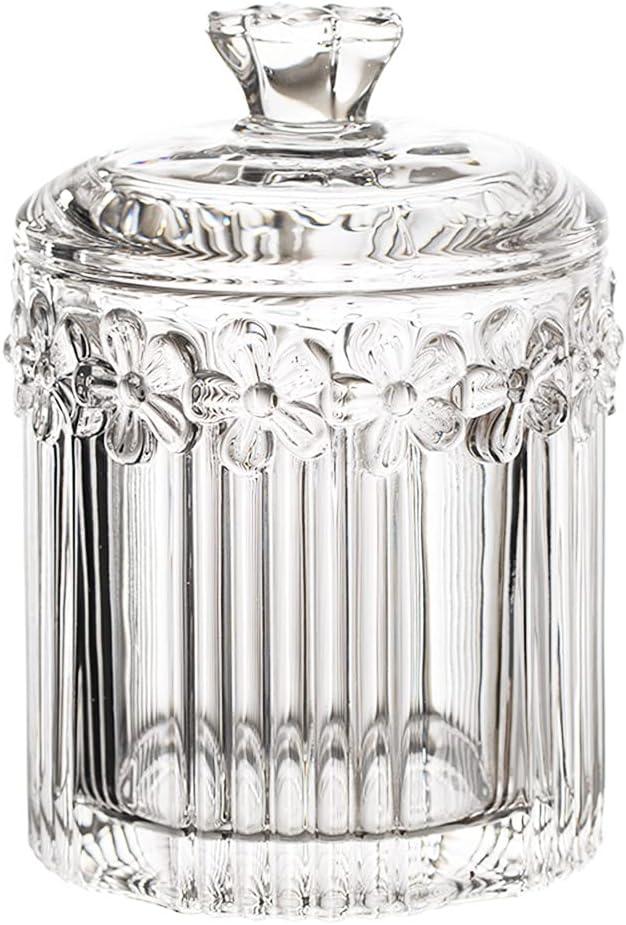 Floral Crystal Glass Relief Flower Candy Dish Swab Box Storage Jar with Lid, 5x3.5 inches, 8 oz, 1 Count