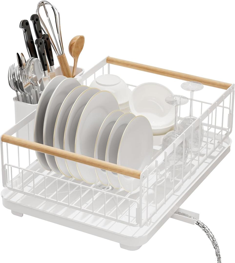 Dish Drying Rack for Kitchen CounterDishes Drainer Racks with Removeable Cutlery Holder and Wood Handle White Metal Strainer Organization for Knives, Spoons, and Forks